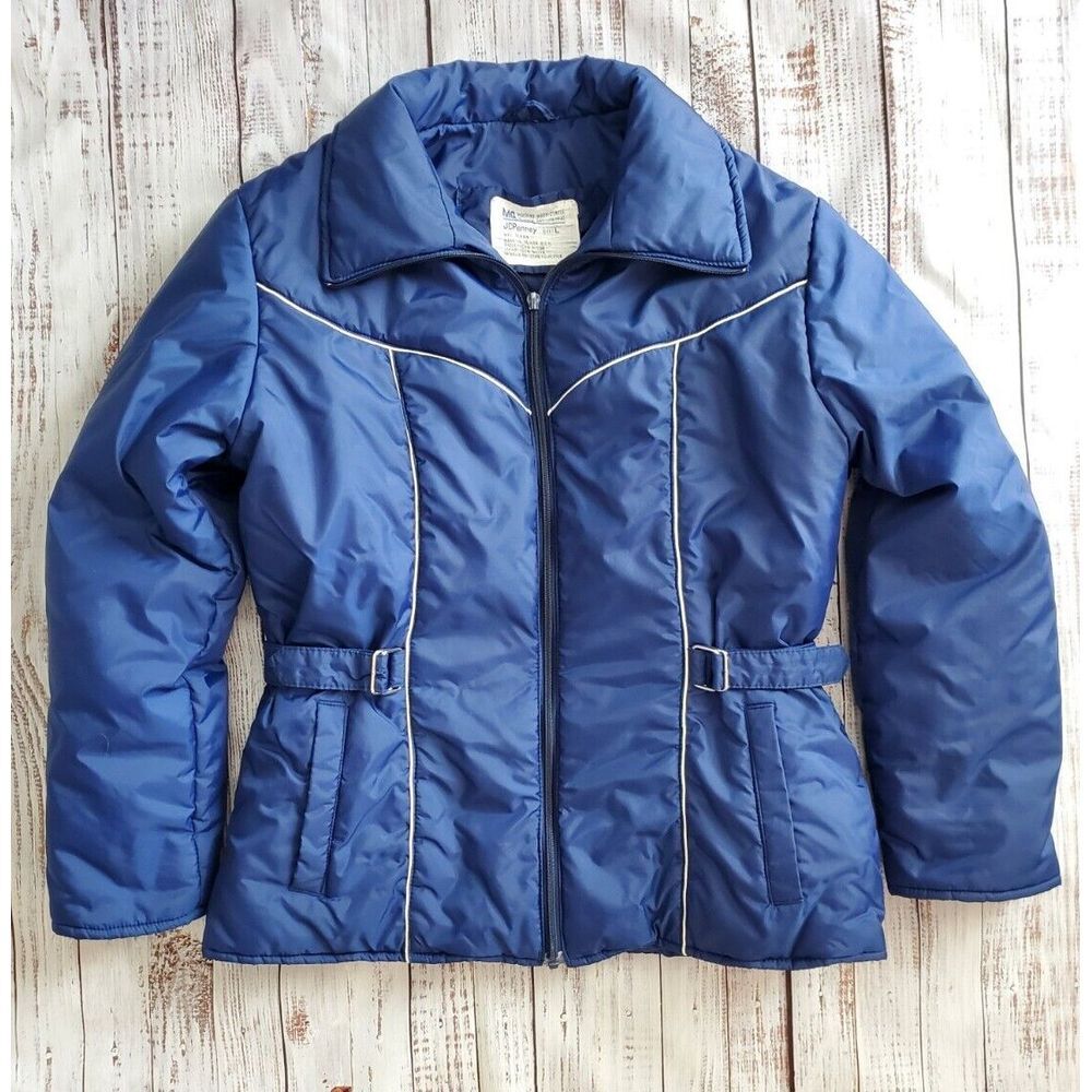 VTG Large JC Penney Womens Belted Snowmobile Jacket Coat L Blue White Piping